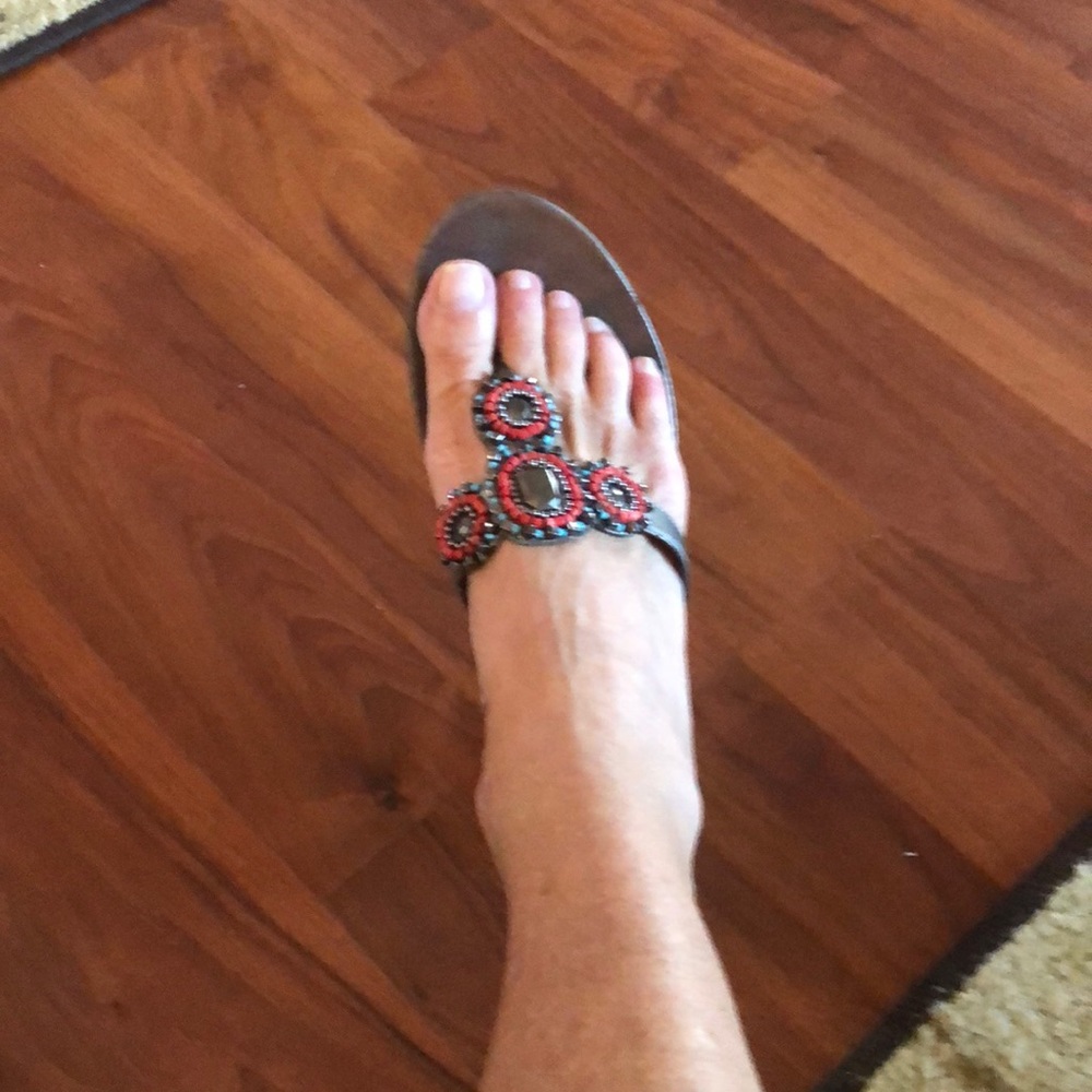 Tourquoise and coral jeweled wedge sandals